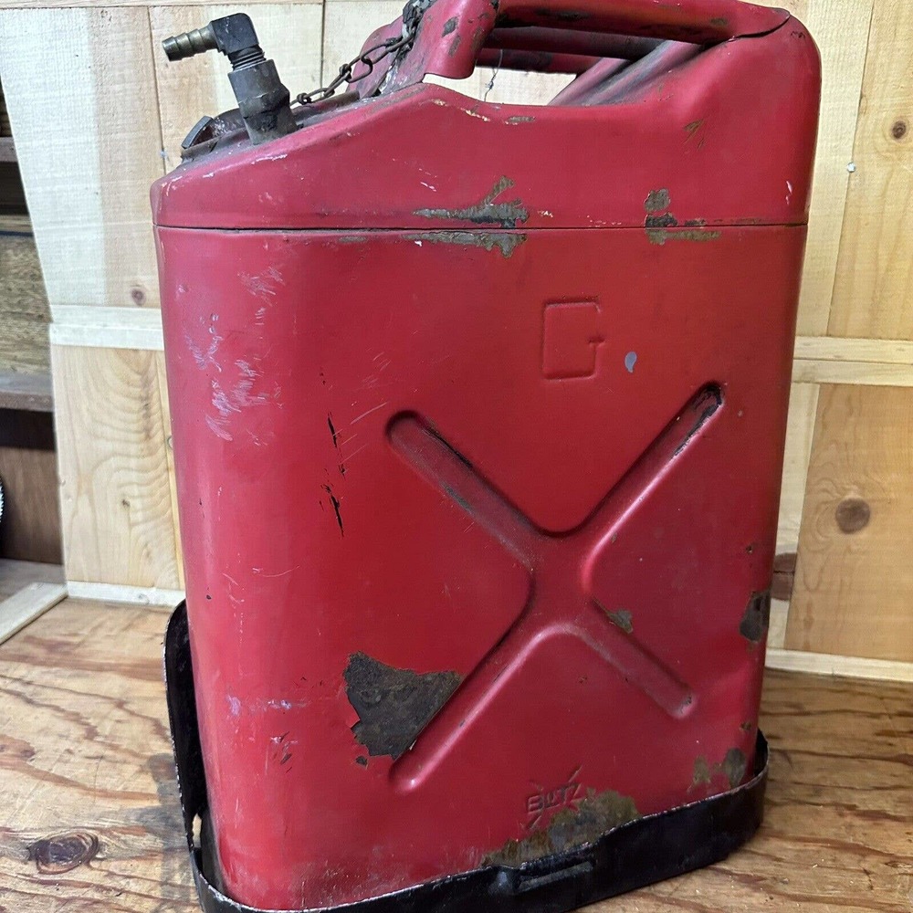 Vintage 5 Gallon Blitz Metal Gas Can Red Jerry Can Metal Screw Cap And Holder